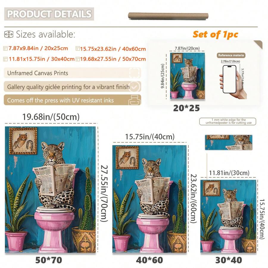 Size chart for unframed leopard bathroom canvas art showing 20 by 25 to 50 by 70 centimeter options