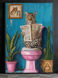 Black framed leopard bathroom art with pink toilet, newspaper, teal wall, plants, and expressive brushstroke details