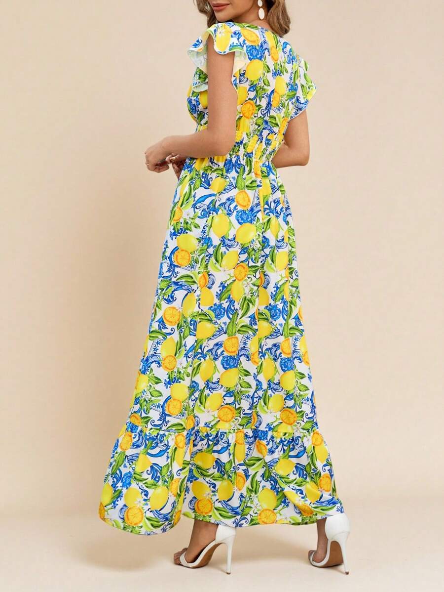 Step into sunny vibes with this Women's Elegant Shirred Cap Sleeve Fruit Print Dress. The playful fruit pattern pairs perfectly with its chic shirred design and flirty cap sleeves, making it your go-to for beach days or summer outings. Lightweight and breezy, it offers effortless style and comfort wherever the season takes you.