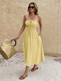 Pale yellow ruched bust midi sundress with tie-front bodice ruffle trim and side pockets