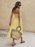 Back view pale yellow ruched bust midi sundress with smocked back and thin straps