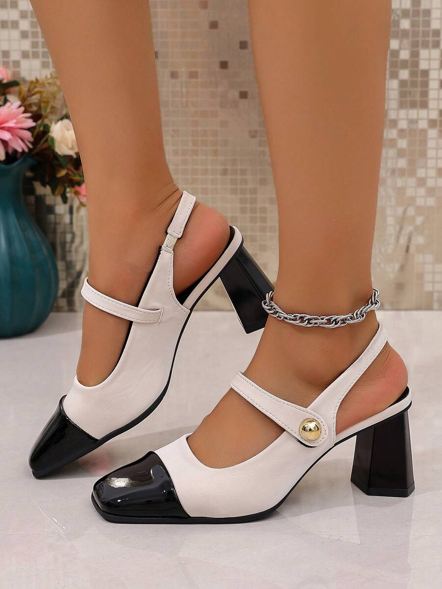 vintage peep toe block heel pumps image 5 showing visible heel, toe, strap, color, and material details