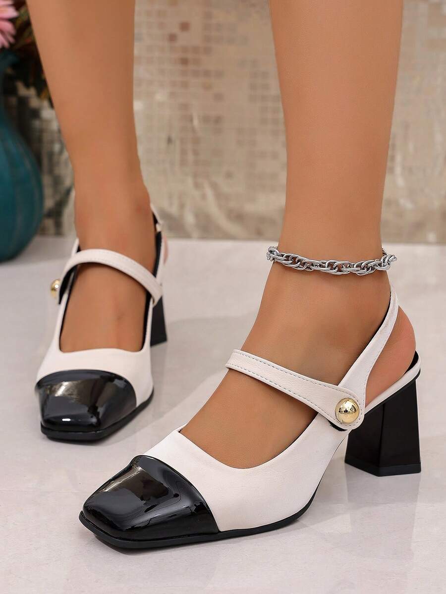 vintage peep toe block heel pumps image 4 showing visible heel, toe, strap, color, and material details