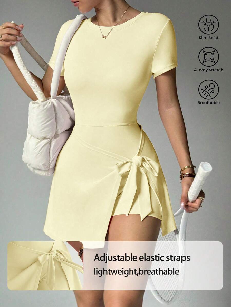 butter yellow short sleeve wrap skirt active mini dress with built in shorts image 1