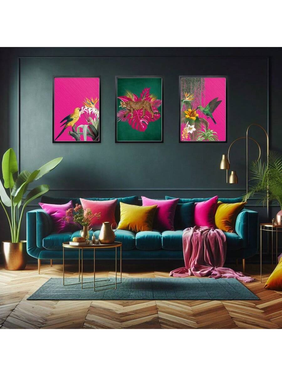 Bring a splash of jungle joy to your space with this vibrant 3-piece wall art set. Featuring an emerald green leopard and hot pink exotic birds, each piece bursts with playful color and tropical charm. Perfect for adding a lively, adventurous vibe to any room.