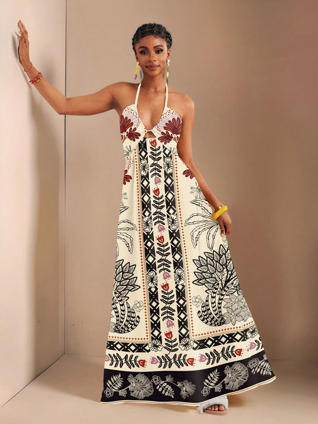 Step into summer with this playful drawstring halter maxi dress that blends retro vibes with modern charm. Featuring a backless design, a high split for easy movement, and a flared hem that dances with every step, it’s perfect for sunny days and warm nights. Lightweight and breezy, this dress keeps you cool while turning heads wherever you go. Embrace effortless style and fun flair all season long!
