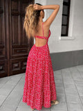 Red printed open-back tiered maxi dress, rear view