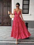 Red printed V-neck tiered maxi dress, front view