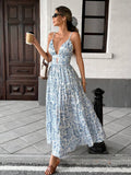 Blue and white botanical floral spaghetti strap cutout tiered maxi dress, front view