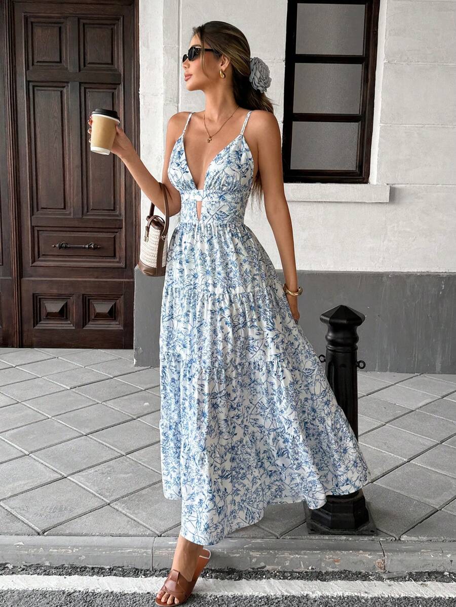 Blue and white botanical floral spaghetti strap cutout tiered maxi dress, front view