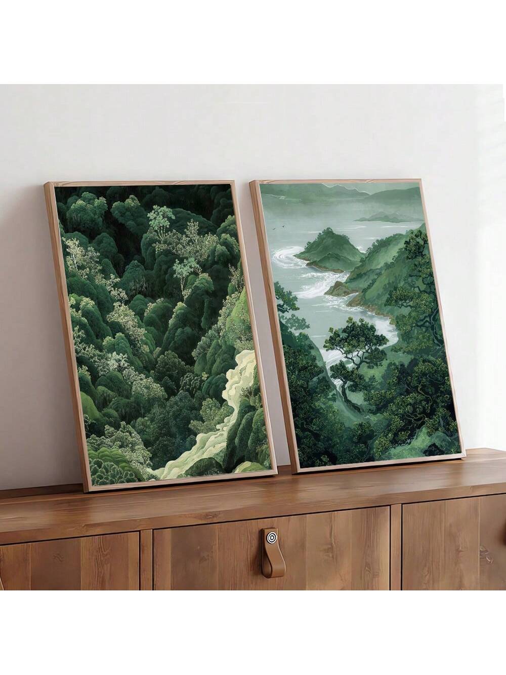 Unframed Zen Green Forest Mountain Art: Minimalist Japanese Wall