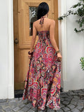 Back view black red paisley halter maxi dress with smocked back
