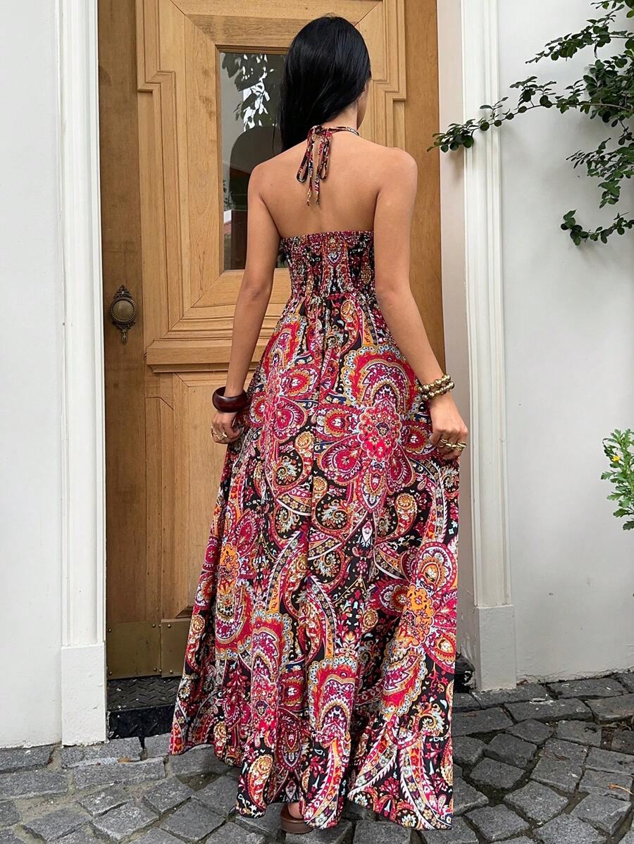 Back view black red paisley halter maxi dress with smocked back
