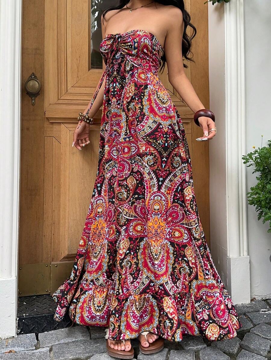 Black red pink orange paisley halter maxi dress with ruched tie bust