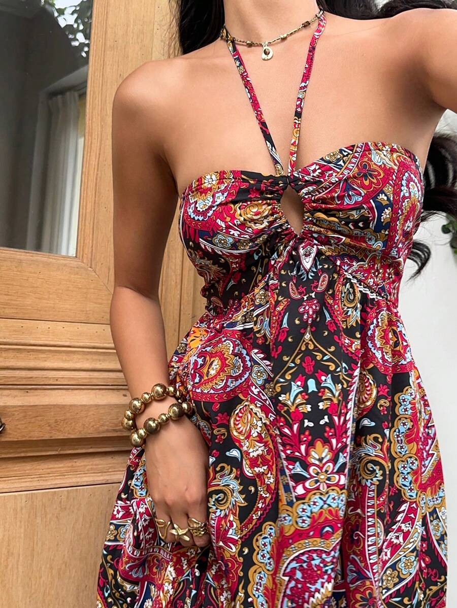 Close view black red paisley halter dress with front keyhole