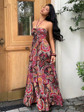 Black red paisley boho halter maxi dress full length with ruffle hem