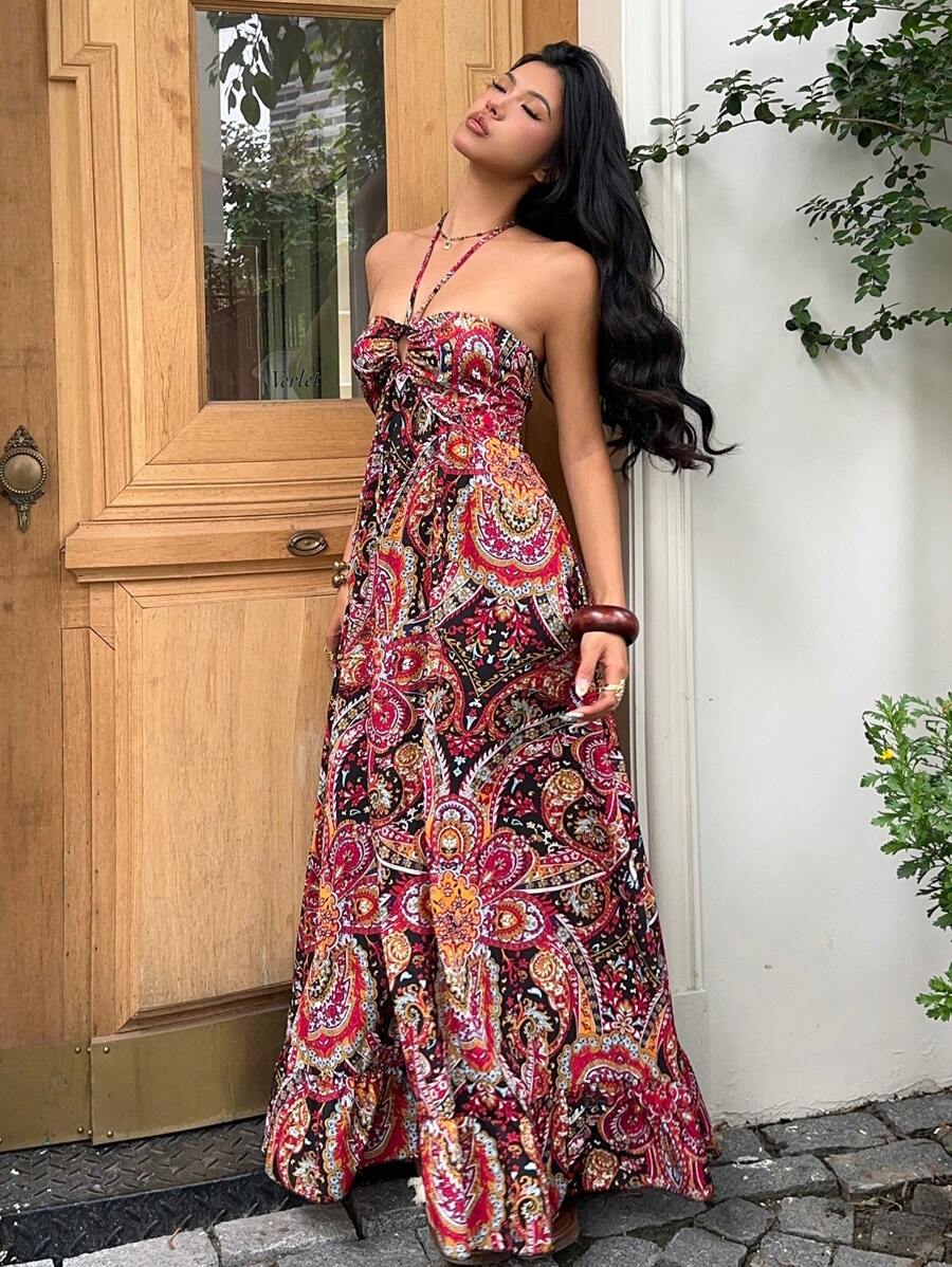Black red paisley boho halter maxi dress full length with ruffle hem