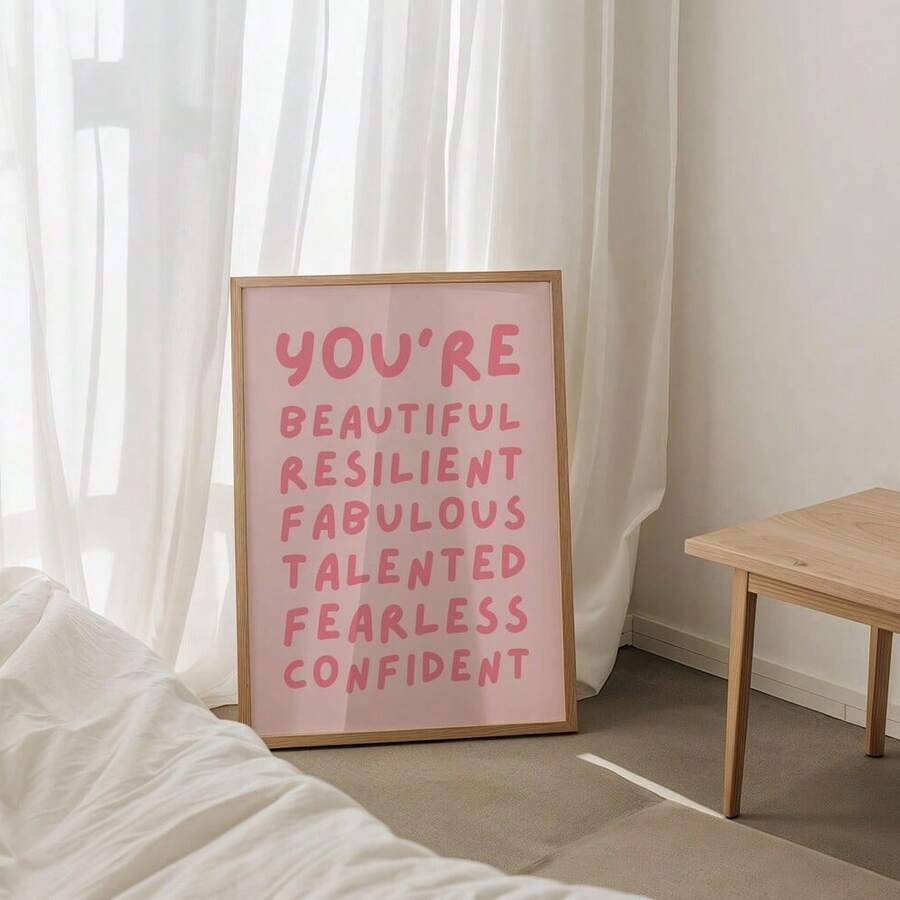 Framed pink affirmation poster with minimalist feminine design