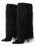 Slip-on view of Knee-High Stiletto Boots for Women – Pointed Toe Mongolian Furry Fashion Footwear for punk motorcycle boot styling