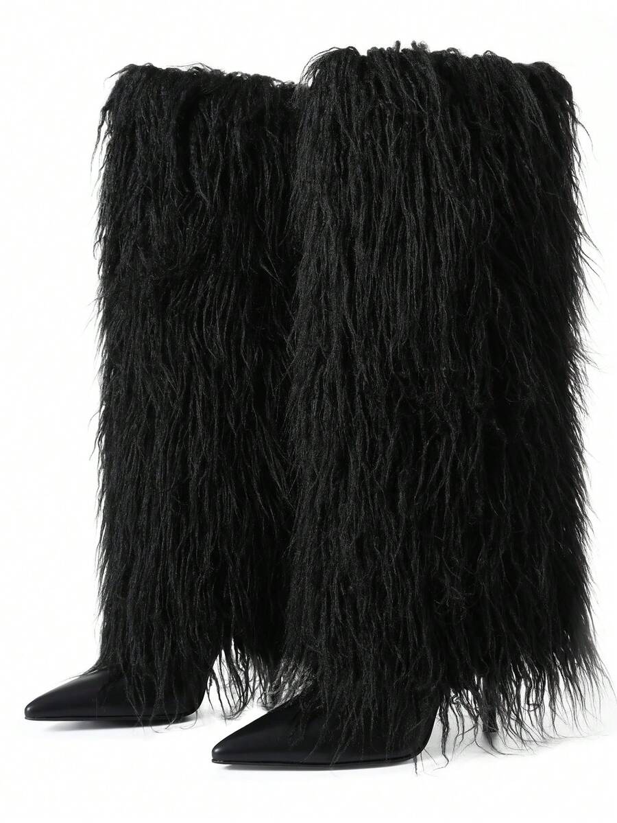 Slip-on view of Knee-High Stiletto Boots for Women – Pointed Toe Mongolian Furry Fashion Footwear for punk motorcycle boot styling