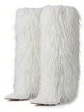 Front view of Knee-High Stiletto Boots for Women – Pointed Toe Mongolian Furry Fashion Footwear for punk motorcycle boot styling