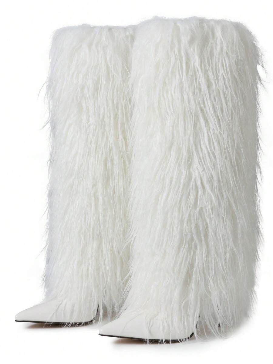 Front view of Knee-High Stiletto Boots for Women – Pointed Toe Mongolian Furry Fashion Footwear for punk motorcycle boot styling