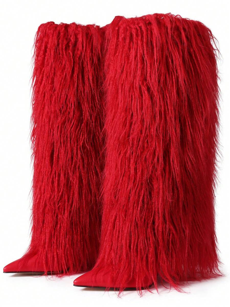 Heel view of Knee-High Stiletto Boots for Women – Pointed Toe Mongolian Furry Fashion Footwear for punk motorcycle boot styling