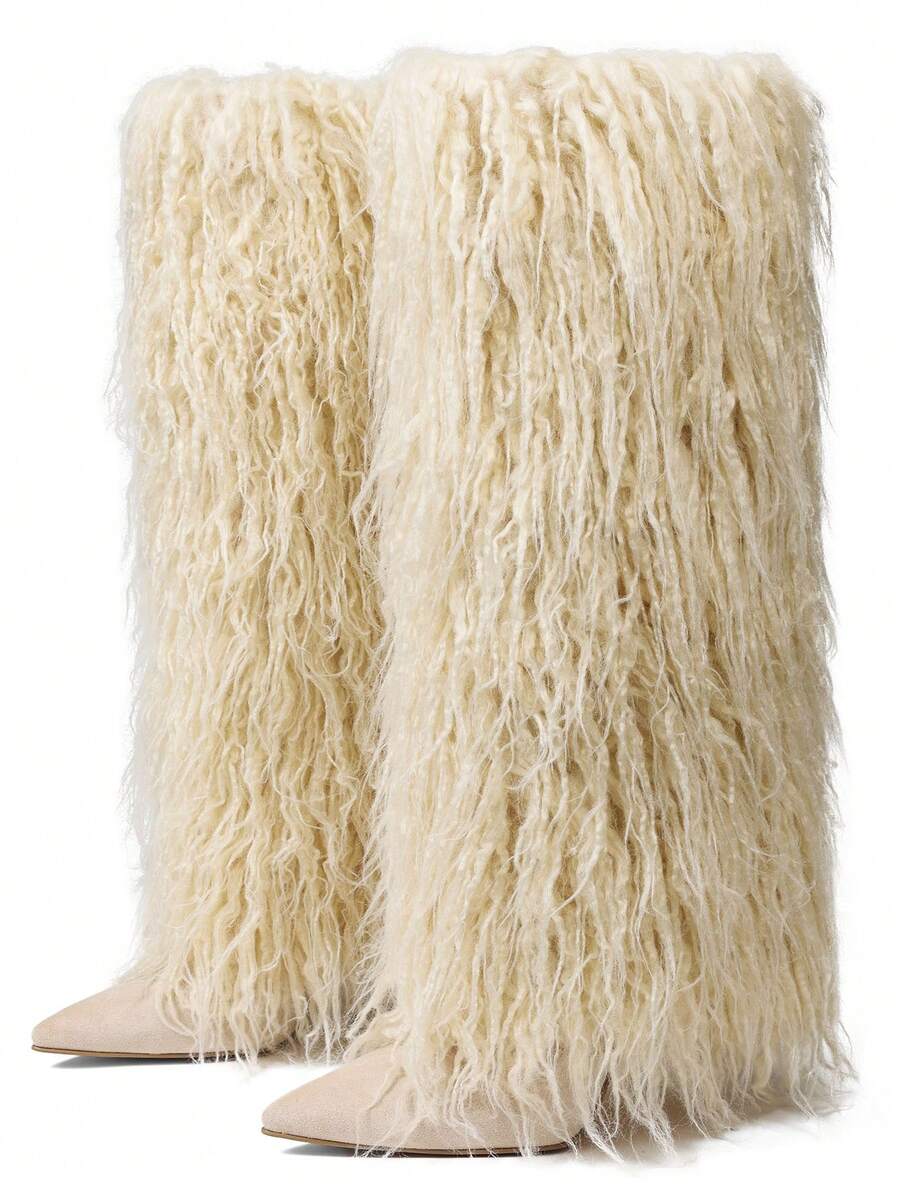 Color option view of Knee-High Stiletto Boots for Women – Pointed Toe Mongolian Furry Fashion Footwear for punk motorcycle boot styling