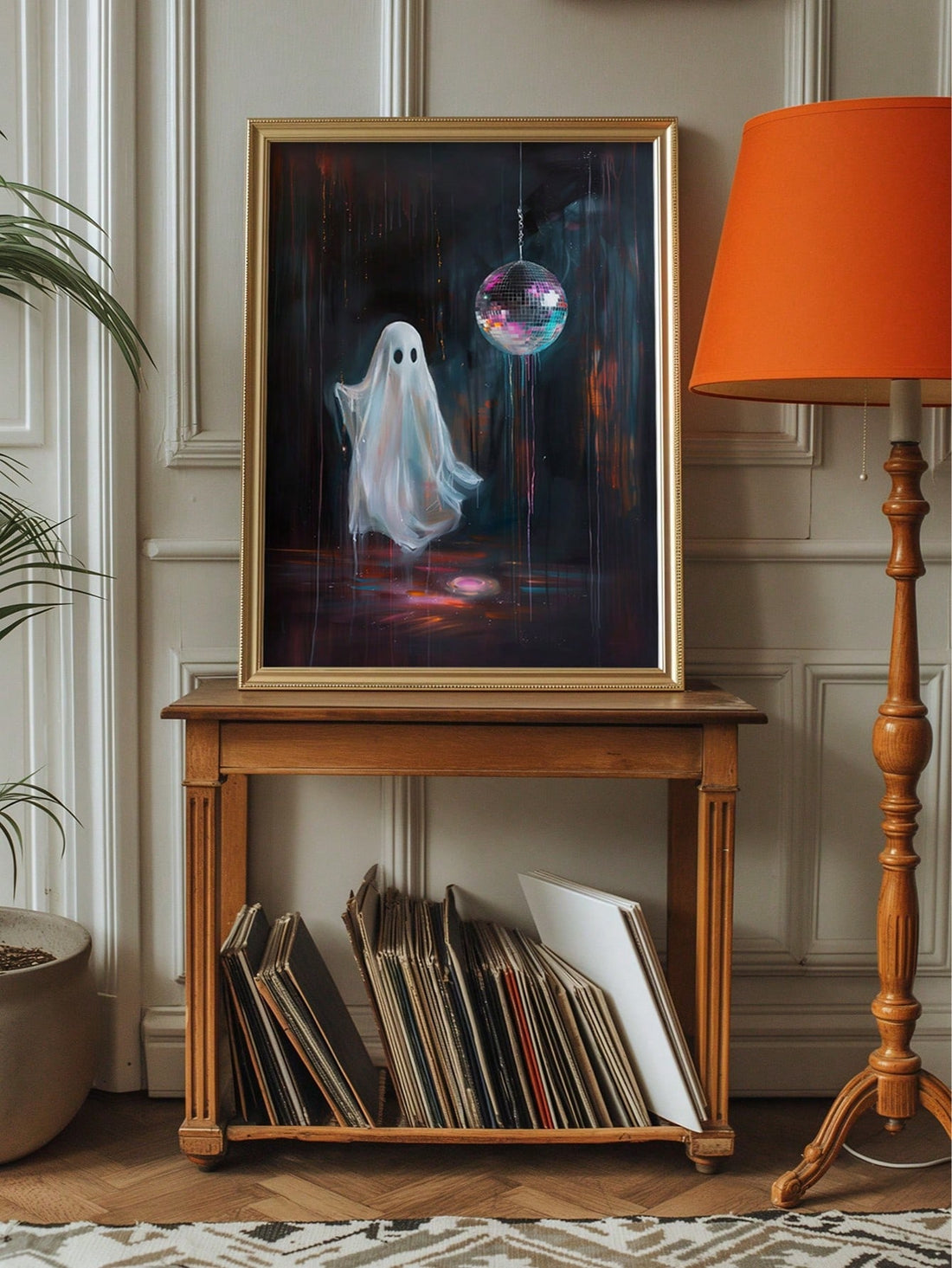 Add a touch of fun to your fall décor with this Cute Preppy Halloween Ghost Canvas Art. Featuring a disco ball design, it brings a playful vibe perfect for homes and dorm rooms. Celebrate the season with a quirky twist that brightens any space with festive charm.