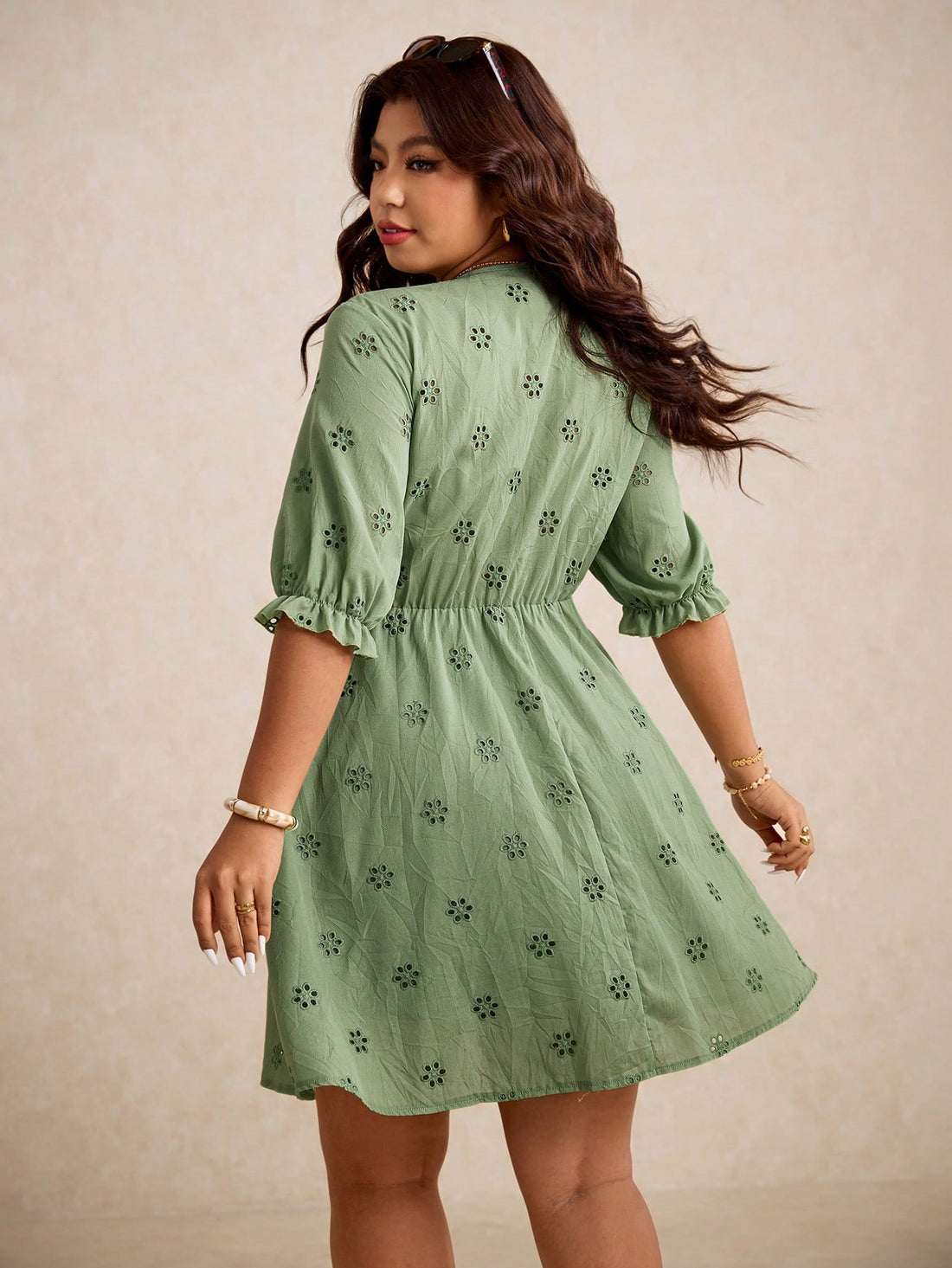 Step out in confidence and charm with this Plus Size Women's Green Lace Embroidered Dress. Its playful puff sleeves and delicate embroidery bring a fresh, flirty vibe perfect for spring and summer outings. The flattering V-neck highlights your neckline, while breathable fabric keeps you cool and comfy all day long. Embrace sunny days with style and a splash of green that celebrates your curves beautifully.