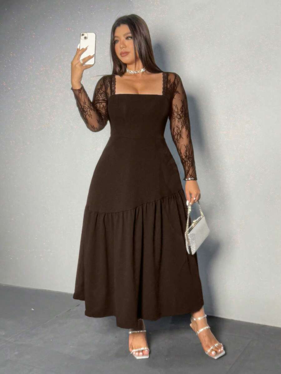 Step out in style with this Plus Size Lace Sleeve Wide A-Line Jumpsuit Dress, designed to flatter every curve with a minimalist yet sexy vibe. The delicate lace sleeves add a touch of elegance, while the wide A-line cut ensures comfort and movement. Perfect for any occasion, this jumpsuit effortlessly blends sophistication with playful charm, making it your go-to outfit for turning heads and feeling fabulous.