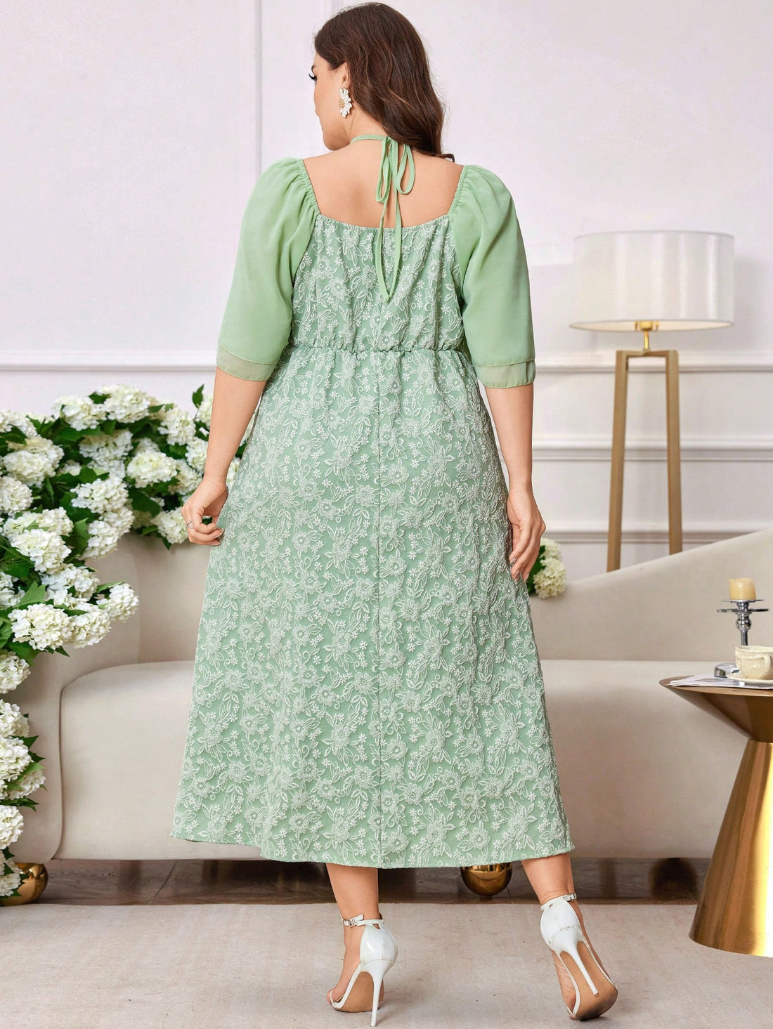 Step out in style with this Elegant Plus Size Midi Dress, featuring a graceful tie collar and a charming floral jacquard pattern. Its flattering midi length and delicate fabric bring a touch of whimsy to your wardrobe, while the tie collar lets you add a flirty twist. Perfect for turning heads at brunch or special occasions, this dress blends comfort and elegance effortlessly.
