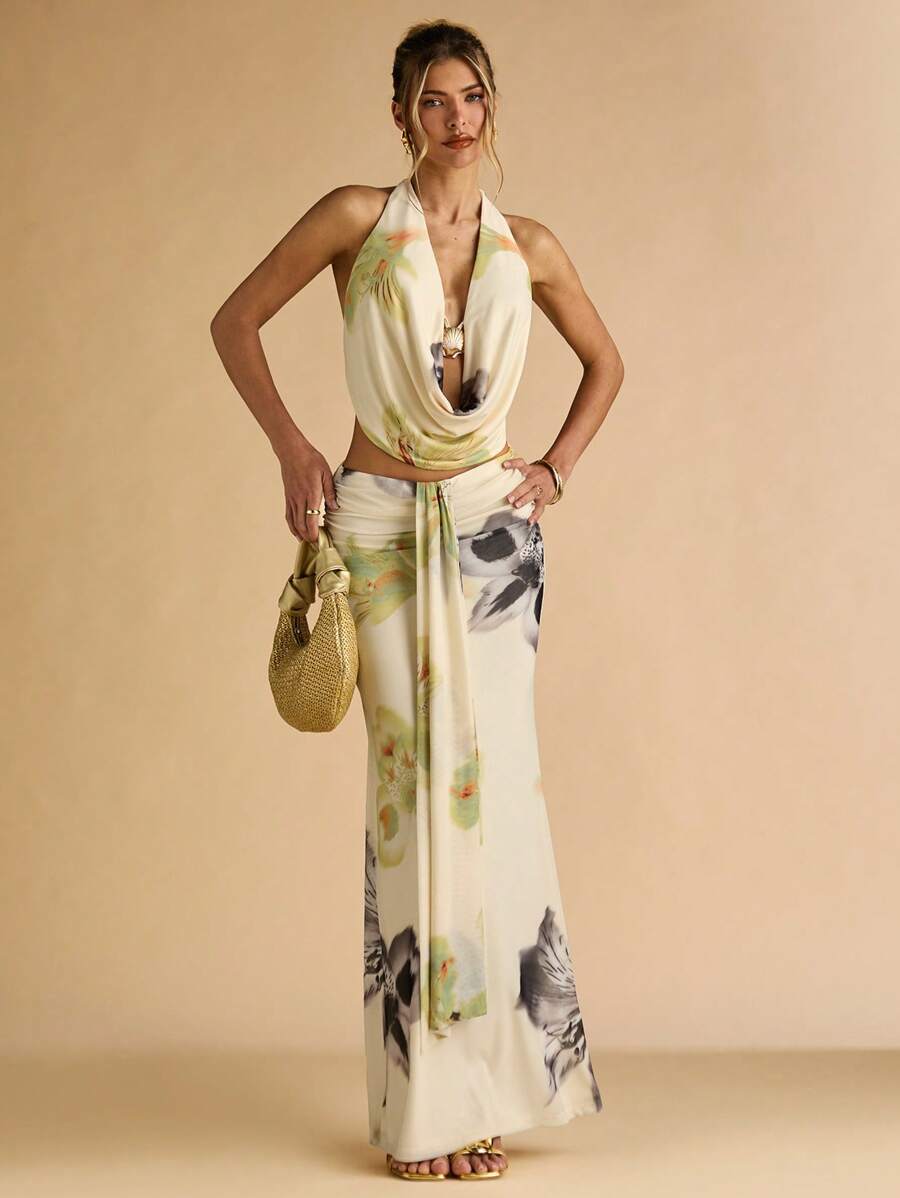 Floral backless halter top and low-rise ruched maxi skirt resort outfit