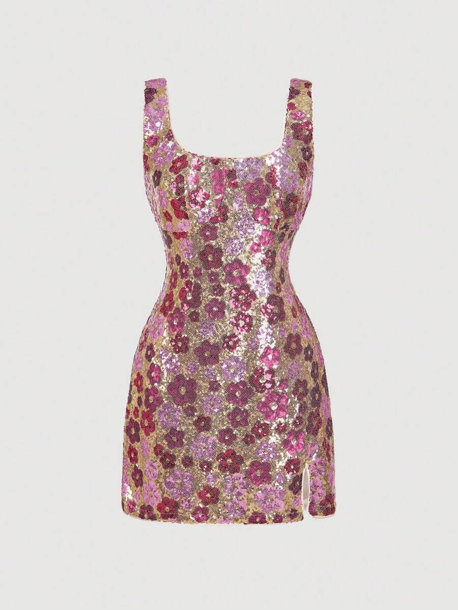 Front view of hot pink floral sequin mini dress with square neckline and side slit