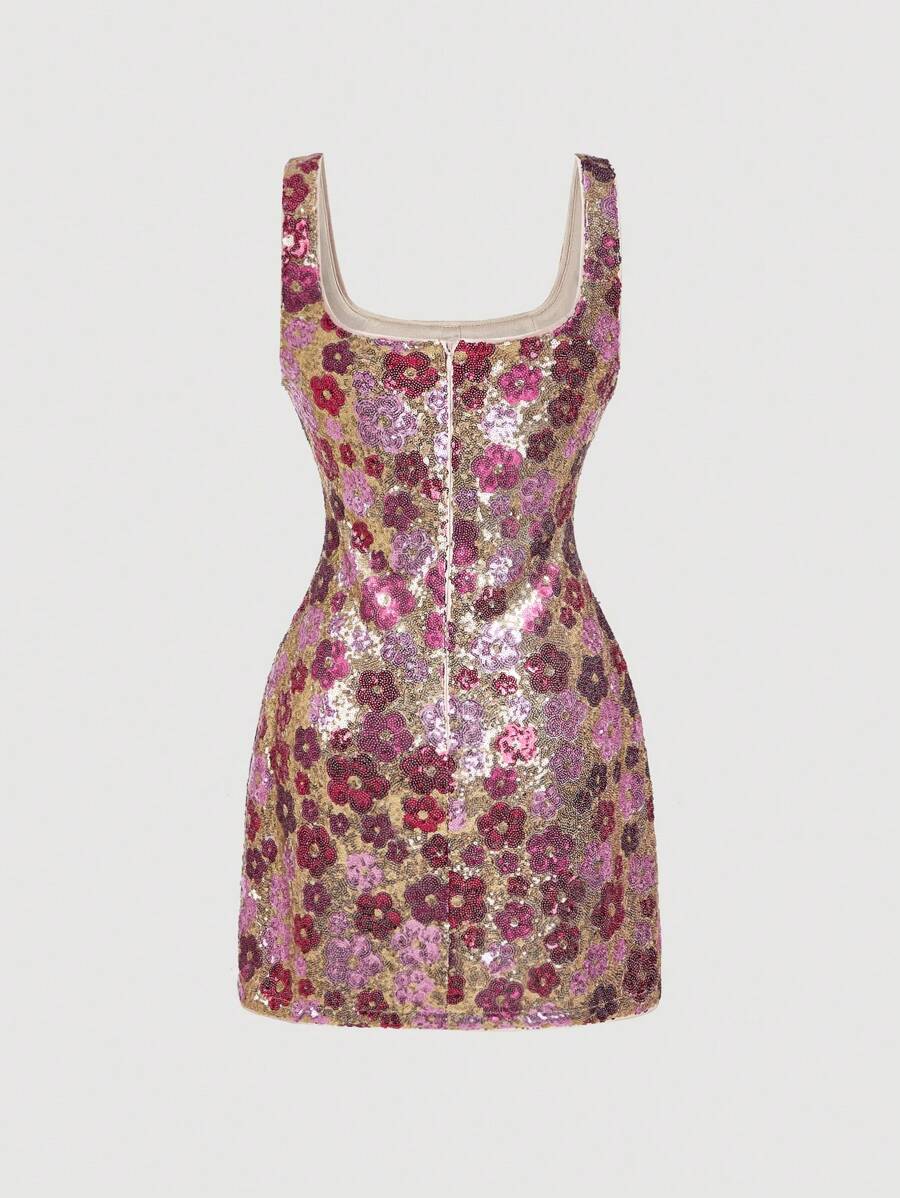 Front view of hot pink floral sequin mini dress with square neckline and side slit
