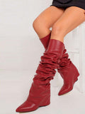 Back view of Punk Goth Mid-Calf Motorcycle Boots with Chunky High Heels - Fashionable Slouched Ruched Style for Women for punk motorcycle boot styling