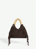 Brown crochet beach bag front view with dark knit body side fringe and bead handle