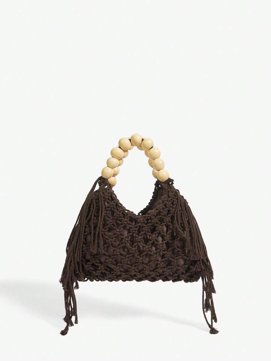 Brown crochet beach bag front view with dark knit body side fringe and bead handle