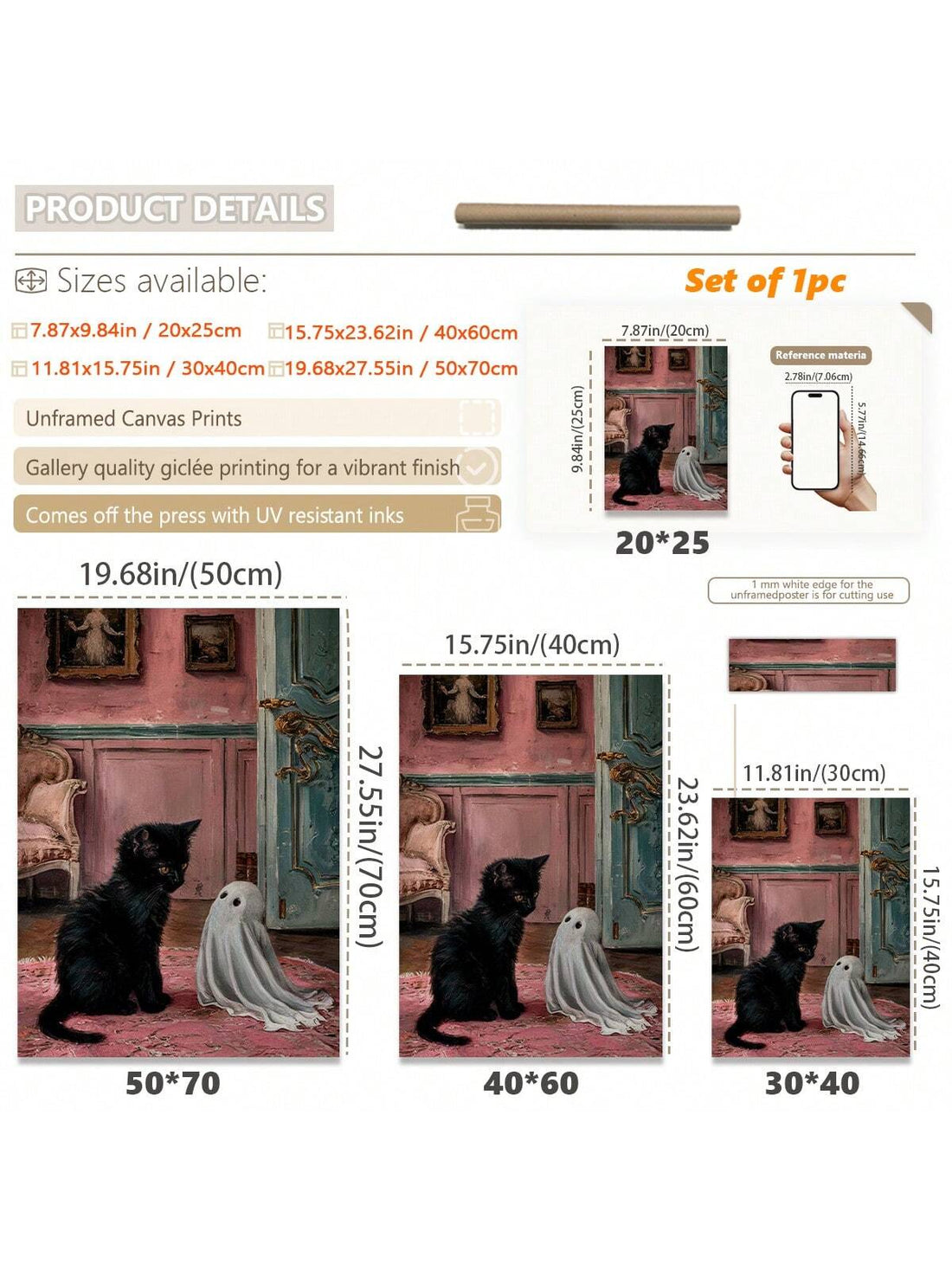 Add a touch of playful charm to your Halloween decor with this Whimsical Ghost and Kitten Canvas Wall Art. Featuring a cute ghost and curious kitten, this artwork brings a fun and festive spirit to any room. Perfect for creating a cozy, spooky atmosphere that delights both kids and adults alike. Easy to hang and sure to spark smiles throughout the season!