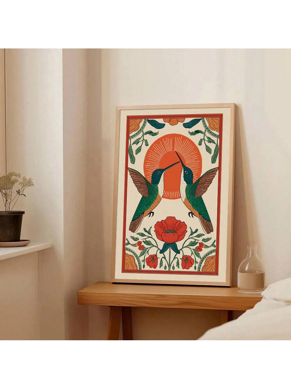 Bring nature's delicate beauty into your space with this charming boho floral hummingbird canvas print. Featuring a whimsical hummingbird surrounded by vibrant botanicals in soft, earthy tones, it's the perfect blend of rustic charm and modern style. The vintage-inspired design adds warmth and character to any room—whether you're decorating a cozy bedroom, creative studio, or living area. Ready to hang and frame-free, this canvas art piece celebrates the magic of nature with playful elegance. Transform your
