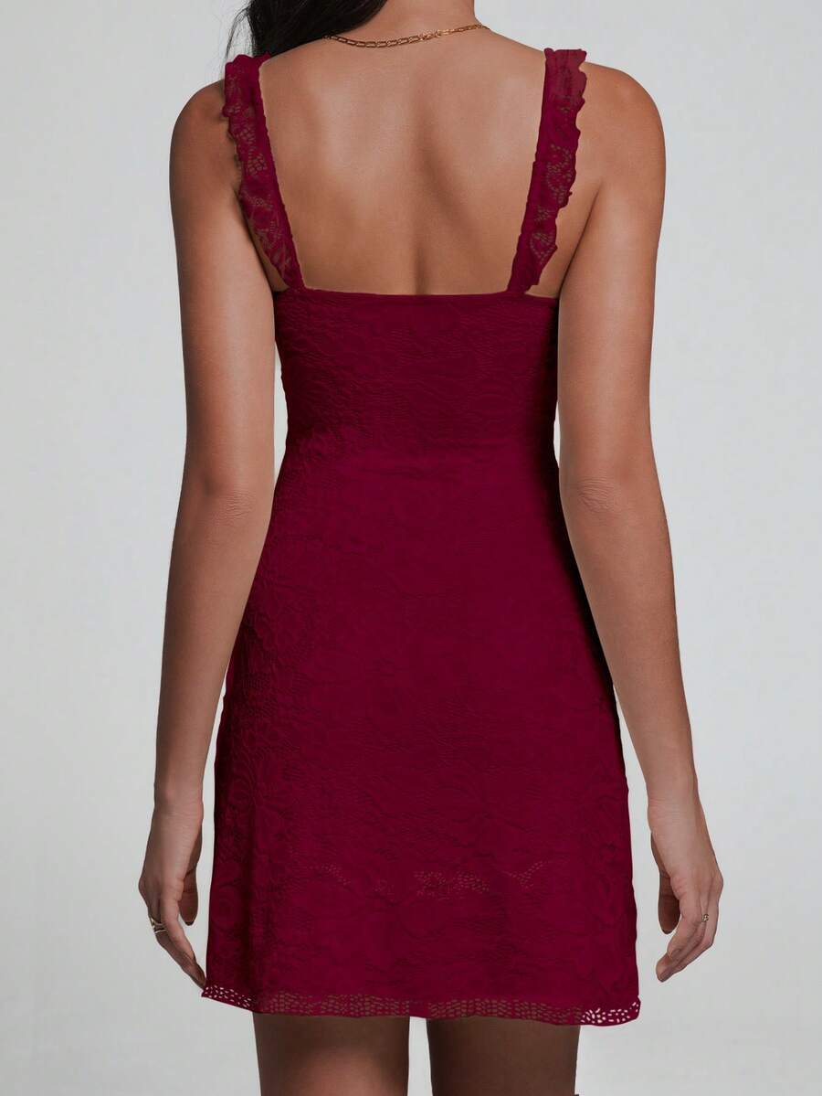 Make a statement with this charming mini dress that blends sophistication with playful flair. Featuring delicate lace patchwork details and eye-catching ruffle straps adorned with a bow design, this sleeveless number hugs your curves in all the right ways. The slim fit silhouette creates an effortlessly elegant look perfect for nights out, special occasions, or whenever you want to turn heads. Versatile enough to dress up with heels or keep casual with sneakers, this fashion-forward piece is your go-to for 