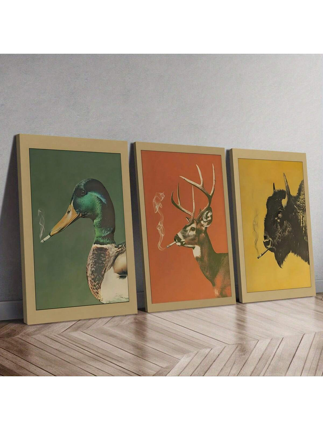 Bring a touch of rustic charm and playful spirit to your space with this 3-piece retro animal canvas art set. Featuring a deer, cow, and wild duck, each piece adds a whimsical yet stylish vibe to your home or office. Choose optional frames to perfectly match your decor and create a cozy, nature-inspired atmosphere that sparks conversation and brightens any room.