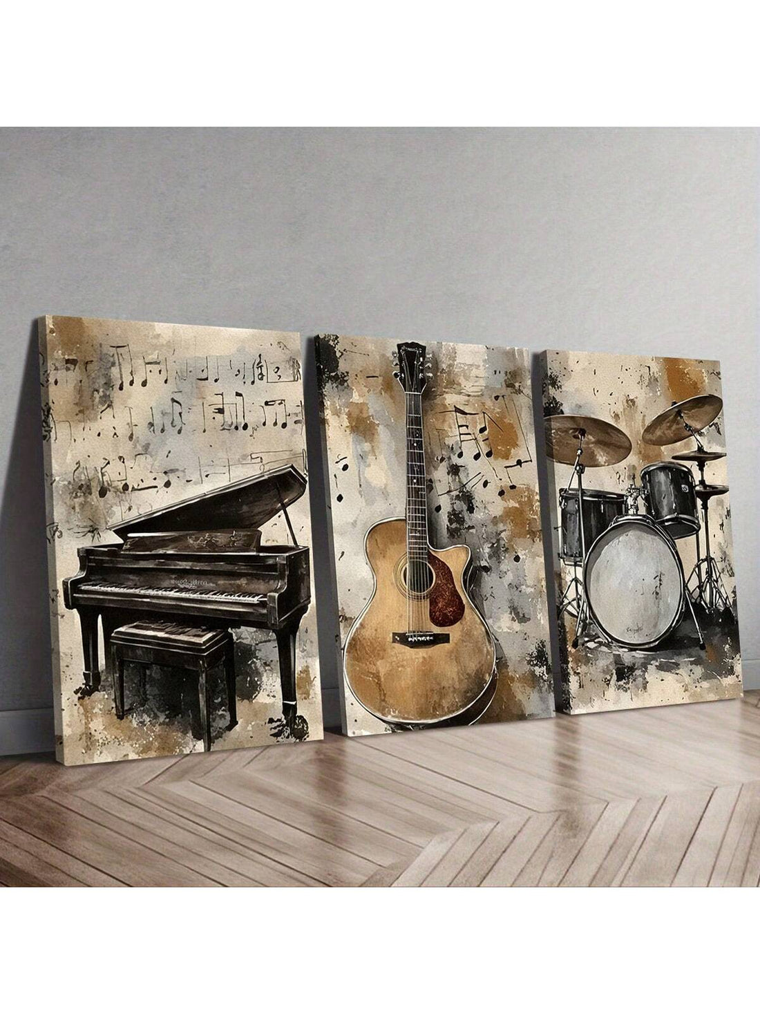 Bring a splash of musical nostalgia to your space with this 3-piece retro instrument wall art set. Featuring vintage-style posters of a guitar, piano, and drums, these prints add a playful vibe and timeless charm to any room. Perfect for music lovers looking to strike a chord with their home decor.