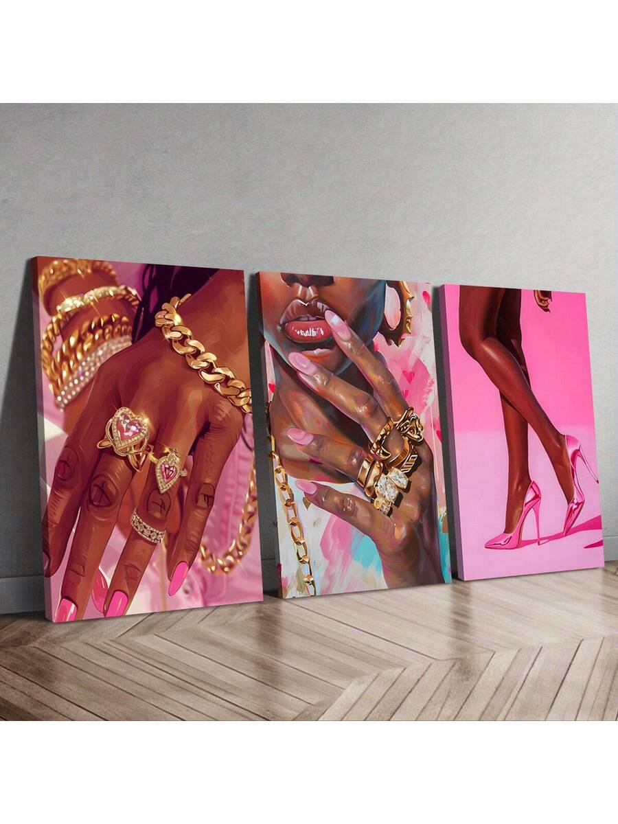 Black and pink glam fashion canvas with jewelry-covered hand