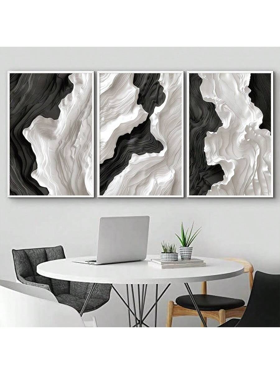 Bring bold style home with this set of three modern black and white geometric canvas posters. Each abstract design plays with shapes and lines to create eye-catching art that livens up any room. Perfect for adding a dash of contemporary cool to your walls, these prints make decorating fun and effortless.