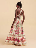Pink and green tropical print halter maxi dress front view