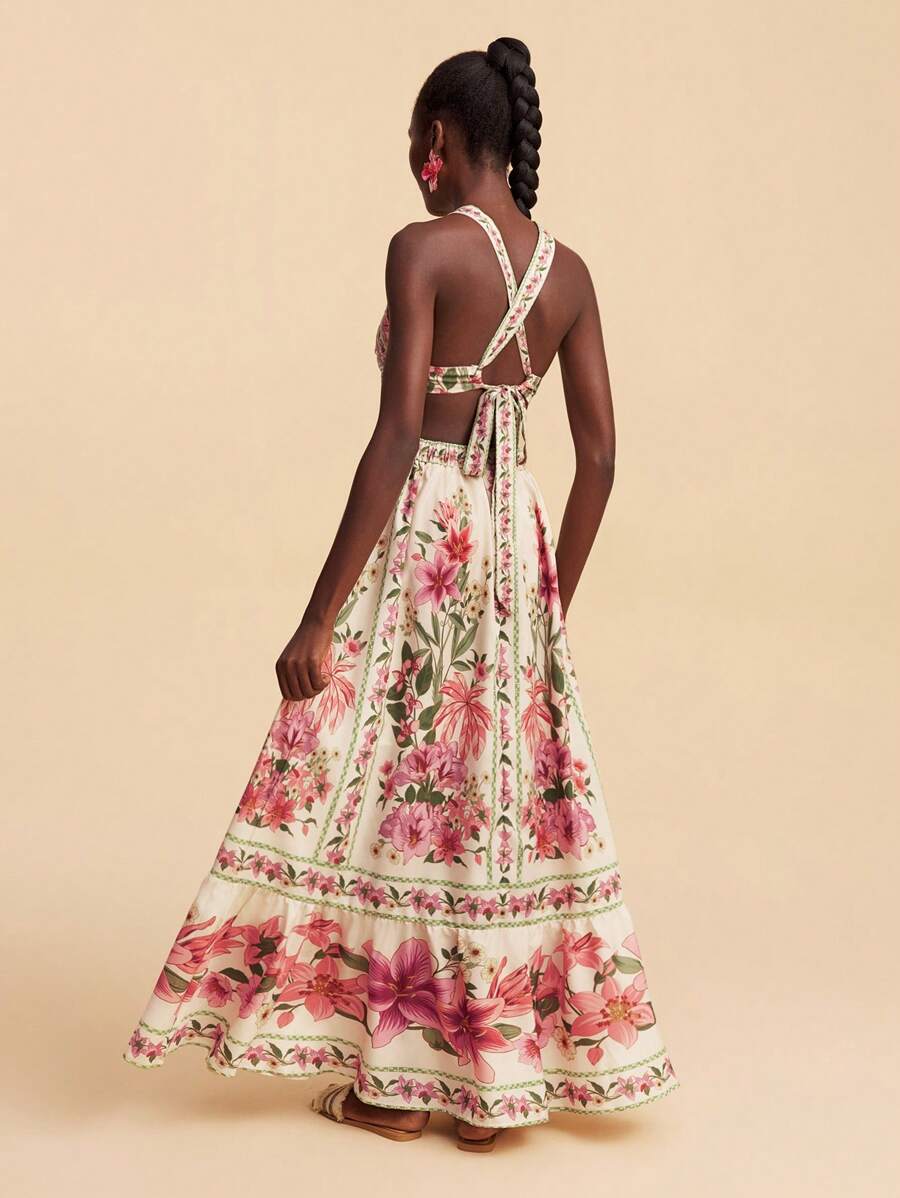 Pink and green tropical print halter maxi dress front view