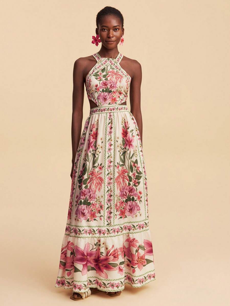 Pink floral cutout waist halter maxi dress with tiered skirt