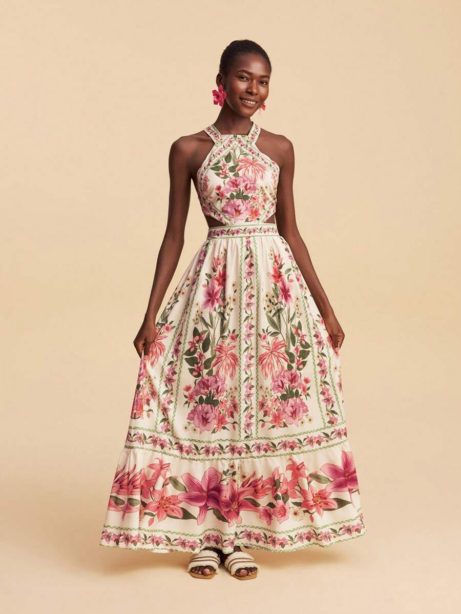 Pink tropical print halter maxi dress with open crisscross back