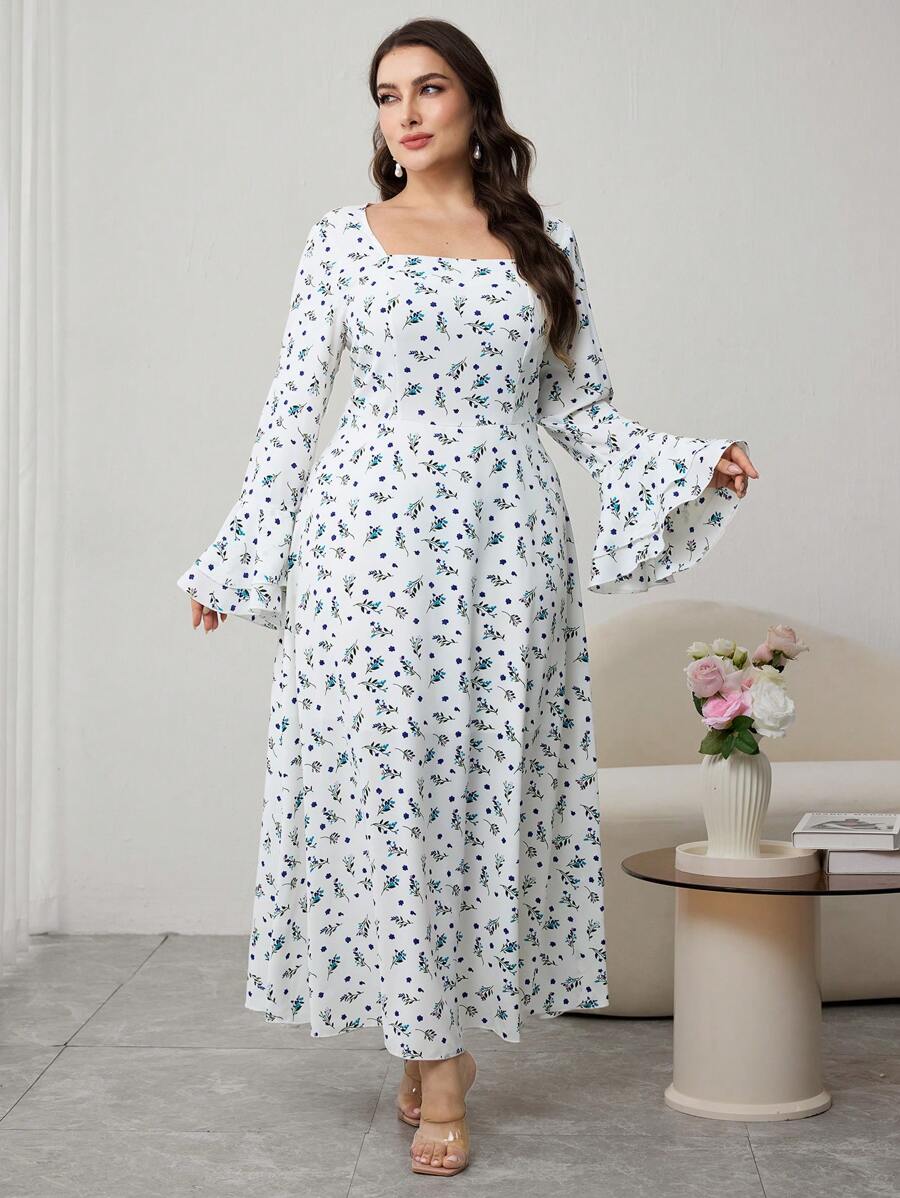 Embrace vibrant charm with this plus-size apricot floral print dress, designed for playful elegance. The long sleeves add a touch of grace, while the cinched waist flatters your silhouette effortlessly. Perfect for brightening any day with comfort and style!